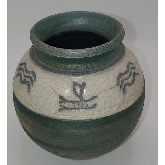Hawaiian Raku Pottery Vase Signed By C Matti Maui Petroglyphs Faint Chip On Top - Picture 7 of 14